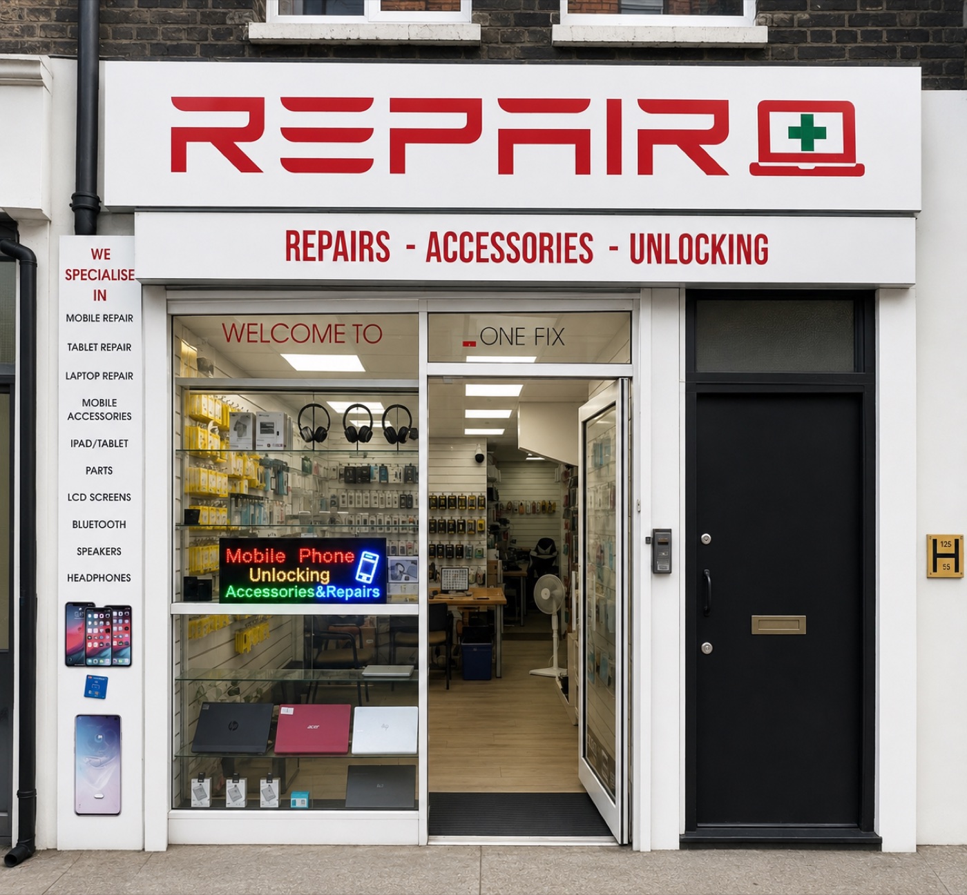 Repair Plus storefront on New Goulston Street, Aldgate